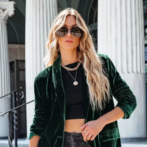 Green Casual Pocketed Velvet Blazer - Picture 1 of 7